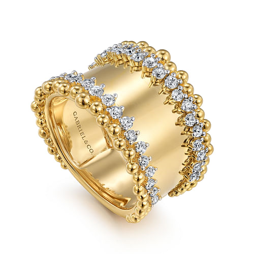 Staggered Diamond and Bujukan Bead Wide Ring Band in Yellow Gold, 0.77 cttw
