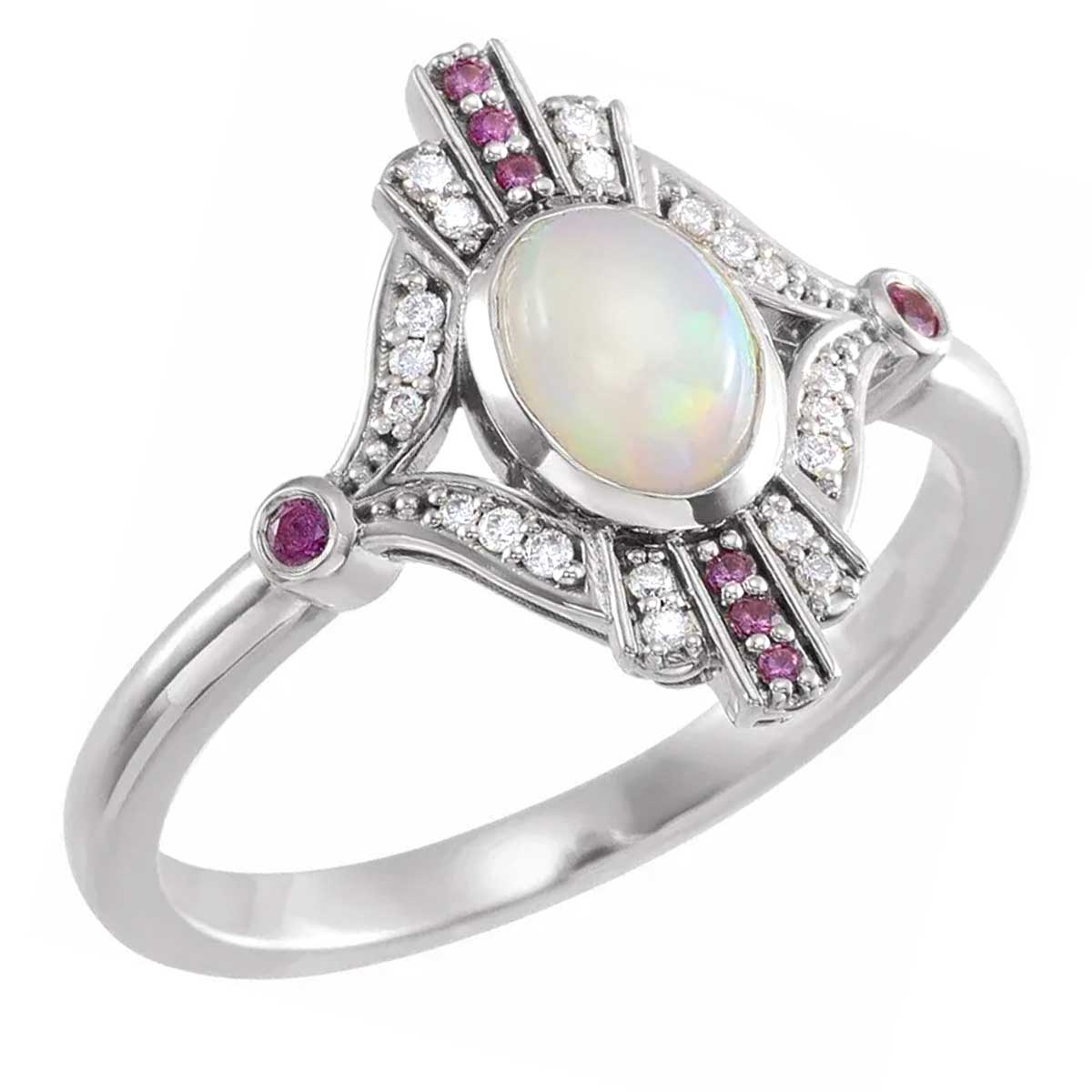 Ethiopian Opal and Pave Pink Sapphire and Diamond Ring in Sterling Silver
