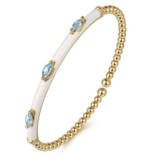 Marquise Blue Topaz and White Enamel Bujukan Bead Cuff Bracelet in Yellow Gold