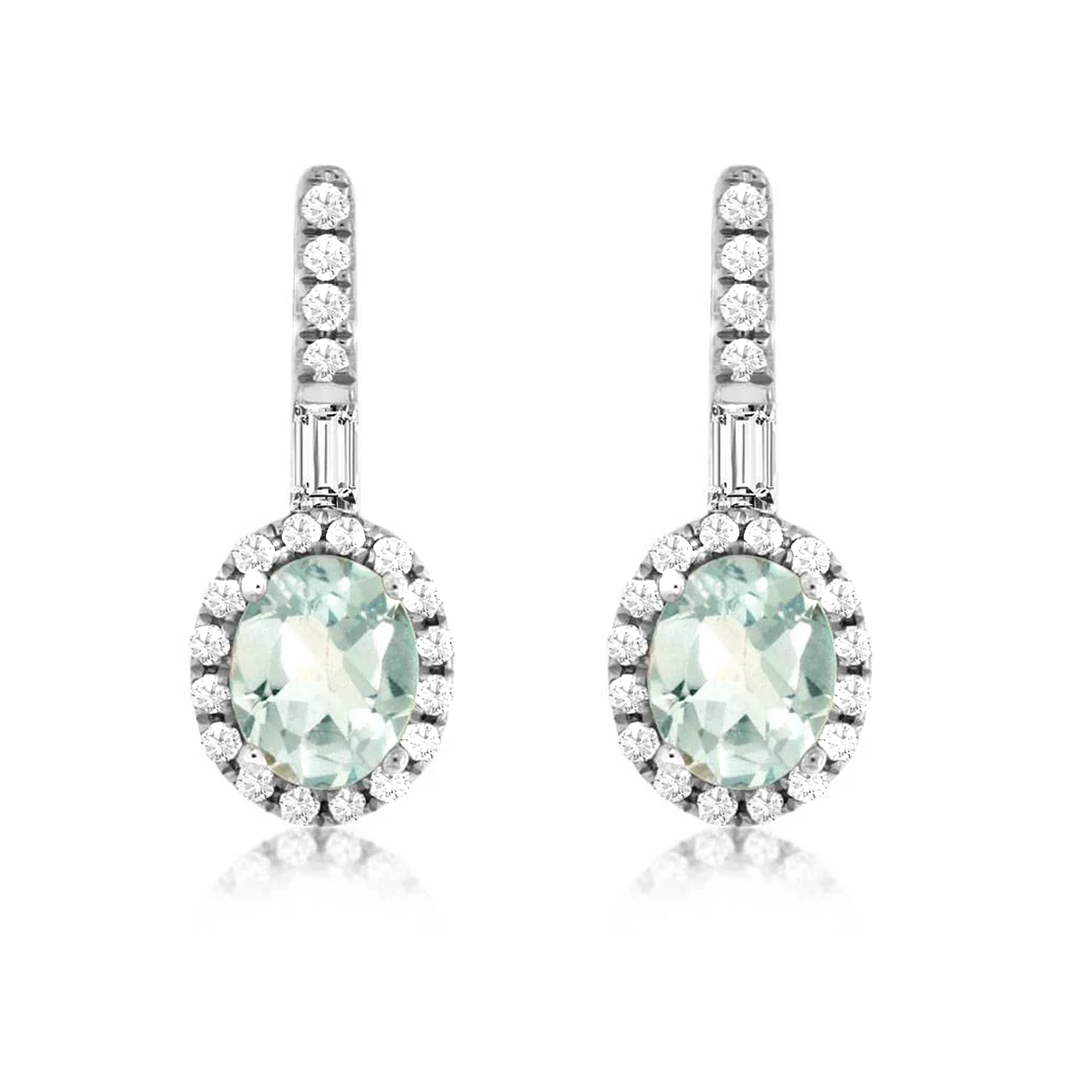 Oval Natural Aquamarine Diamond Halo Leverback Earrings in White Gold