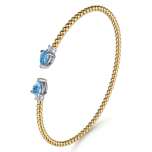 Pear-Shaped Blue Topaz and Diamond End Cap Bujukan Bead Open Cuff Bracelet in Yellow and White Gold