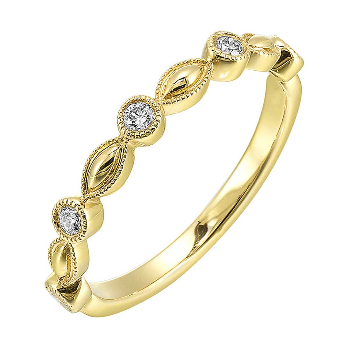Round Bezel Set Diamond and Marquise Station Ring Band in Yellow Gold, 0.15 cttw