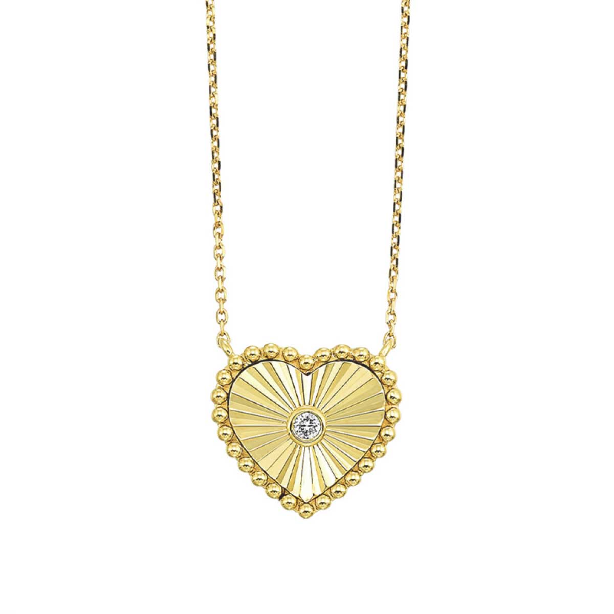 Grooved Beaded Heart Diamond Pendant Necklace in Yellow Gold, 0.02 cttw