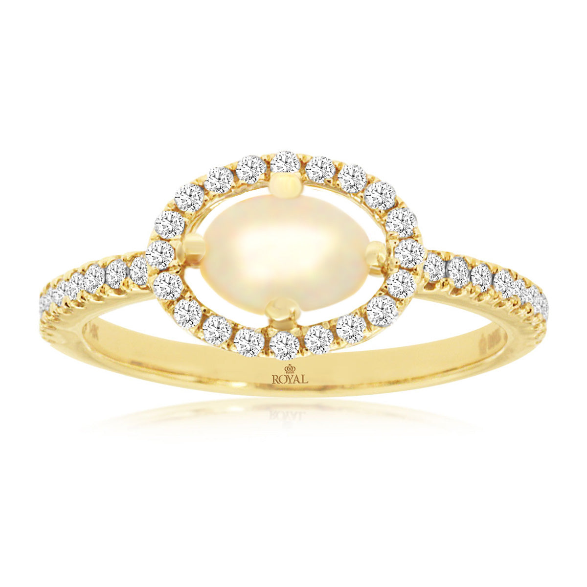 Oval Ethiopian Opal Cabochon and Diamond Halo Ring in Yellow Gold