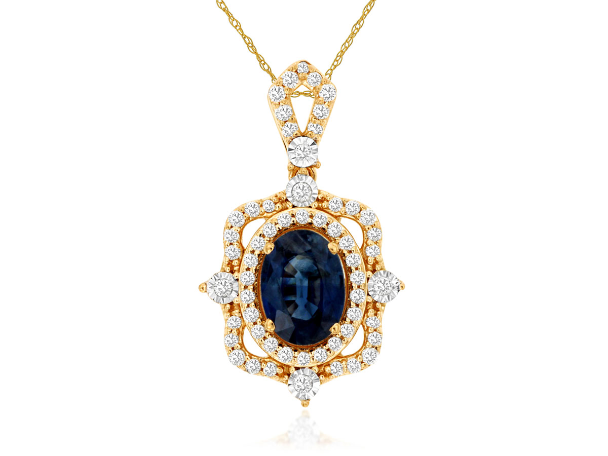 Vintage Inspired Oval Sapphire Double Diamond Halo Pendant Necklace in Yellow Gold