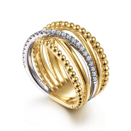 Two Tone Diamond and Bujukan Bead Multi Row Ring Band in Yellow and White Gold, 0.25 cttw