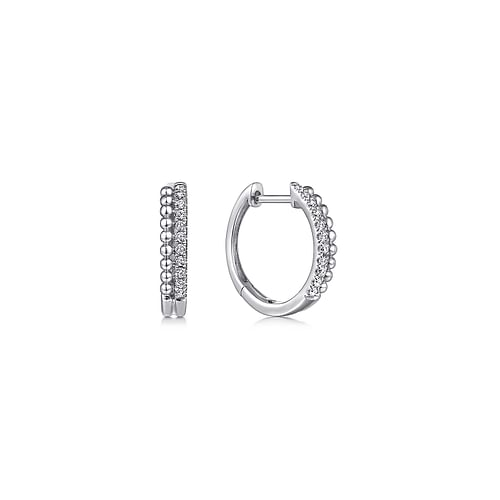 Bujukan Bead and Diamond Pave 10mm Huggie Hoop Earrings in White Gold, 0.11 cttw