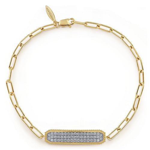 Pave Diamond Bar Open Link Chain Bracelet in Yellow and White Gold, 0.59 cttw
