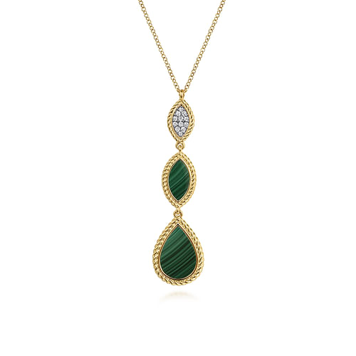 Marquise and Pear Shaped Malachite and Diamond Pave Rope Drop Pendant Necklace in Yellow Gold