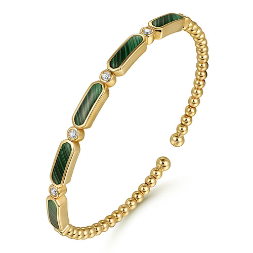 Green Malachite and Round Diamond Bujukan Bead Cuff Bracelet in Yellow Gold, 0.20 cttw