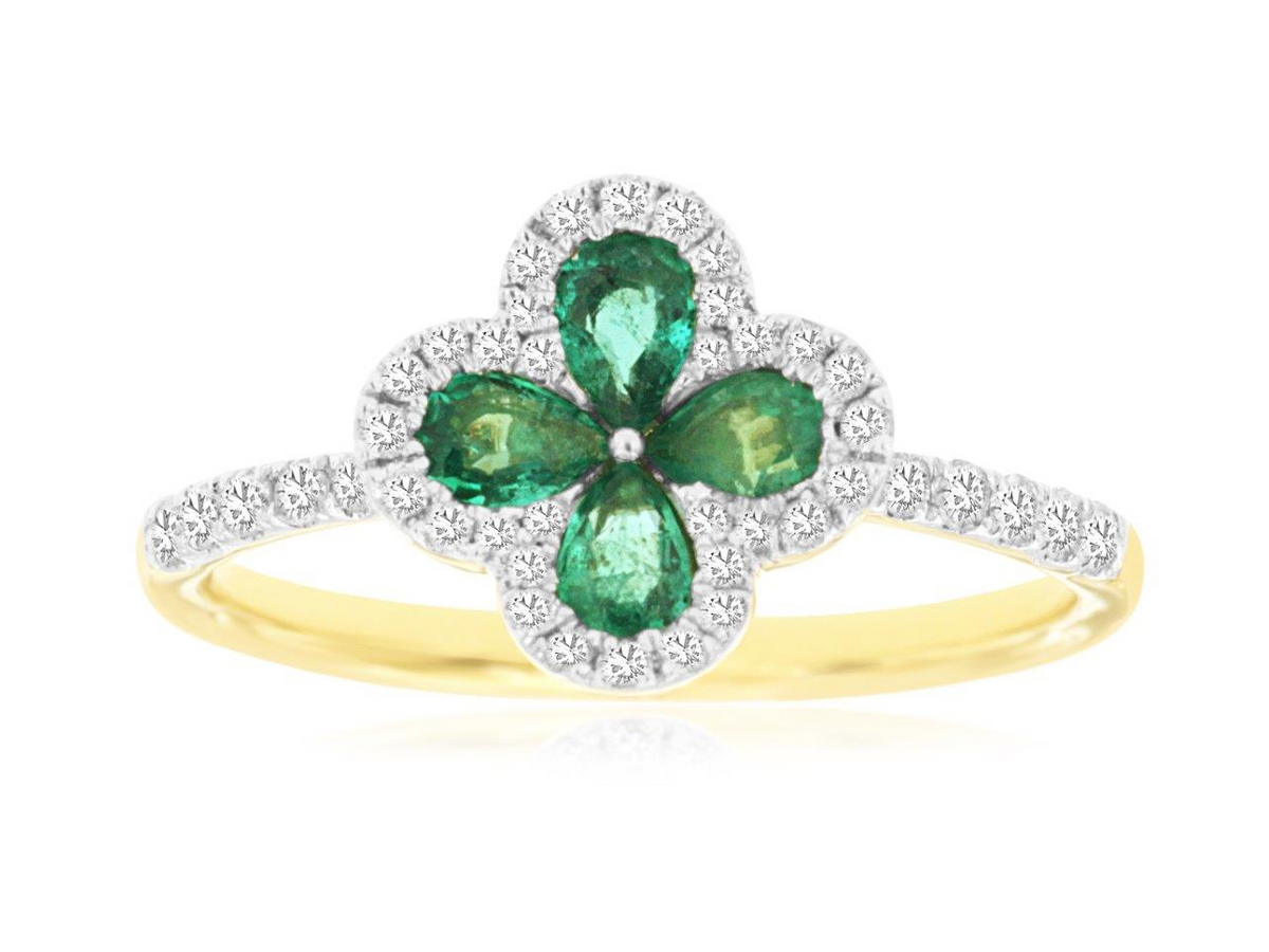 Pear-Shaped Emerald and Pave Diamond Floral Clover Ring in Yellow Gold