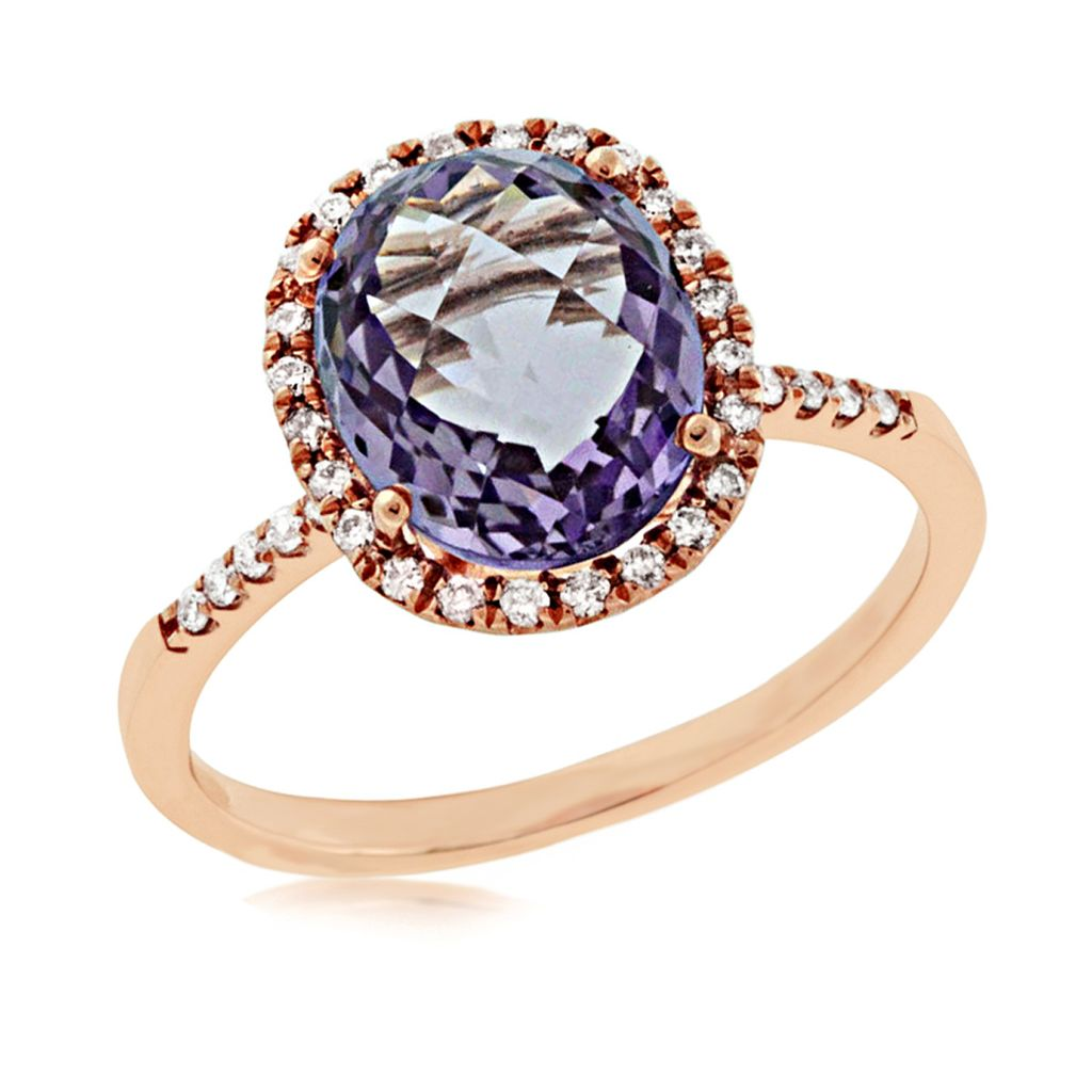 Oval Amethyst and Diamond Halo Ring in 14k Pink Gold