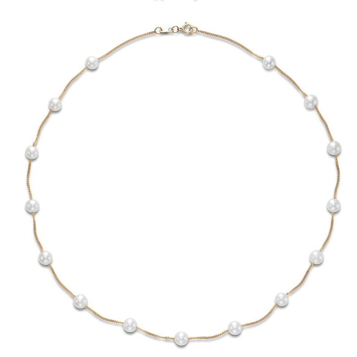 White Freshwater Pearl Station Curb Link Necklace in Yellow Gold