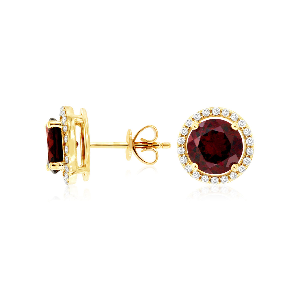 Round Mozambique Garnet and Diamond Halo Stud Earrings in Yellow Gold