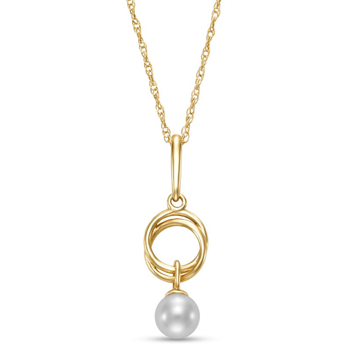 White Freshwater Pearl Woven Spiral Circle Pendant Necklace in Yellow Gold