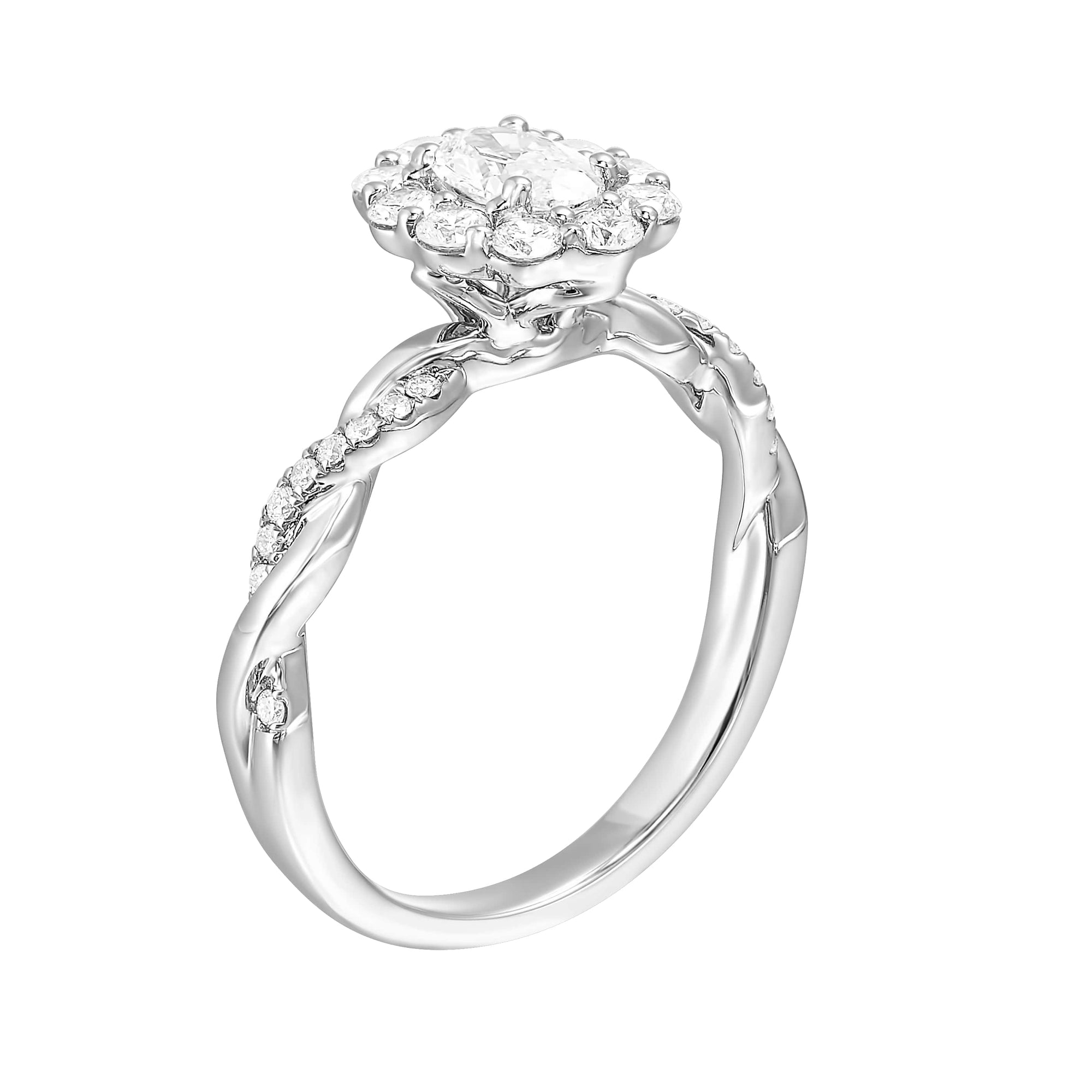 Oval Lab Created Diamond Halo Crossover Band Engagement Ring in White Gold, 0.94 cttw