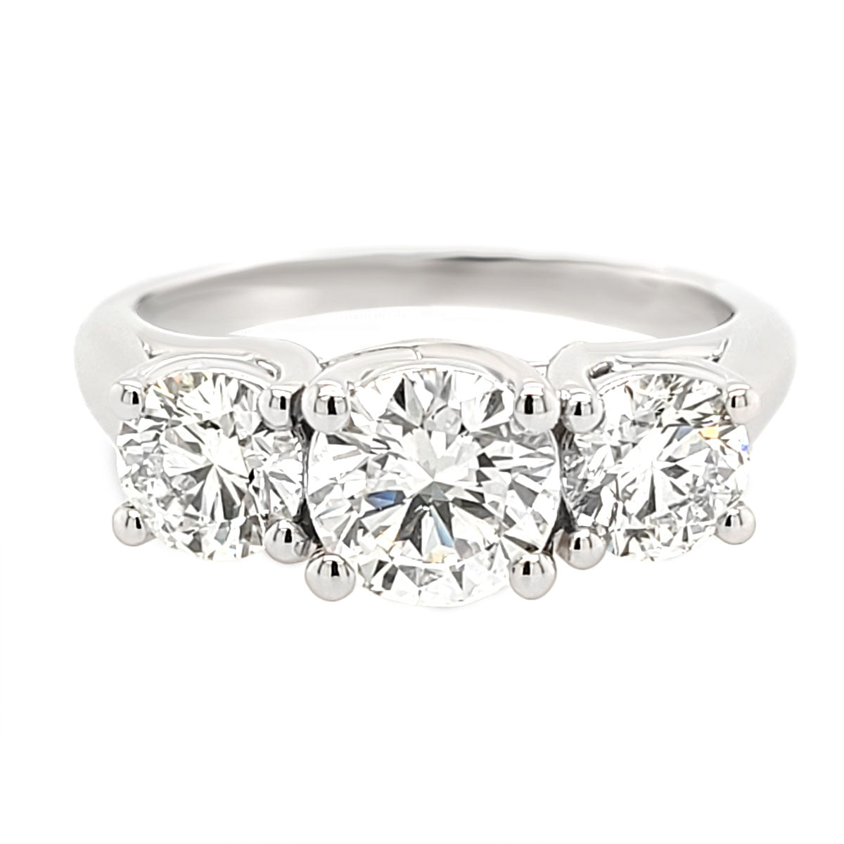 Three Stone Round Prong Set Engagement Ring in White Gold, 2.04 cttw