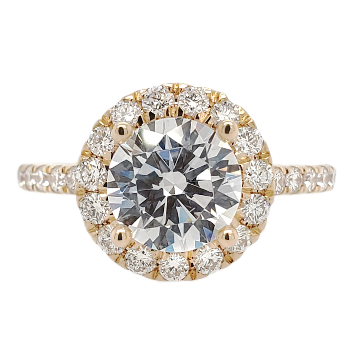 Round 7.5mm Lab Created Diamond Pave Halo Cathedral Band Engagement Ring Setting in Yellow Gold