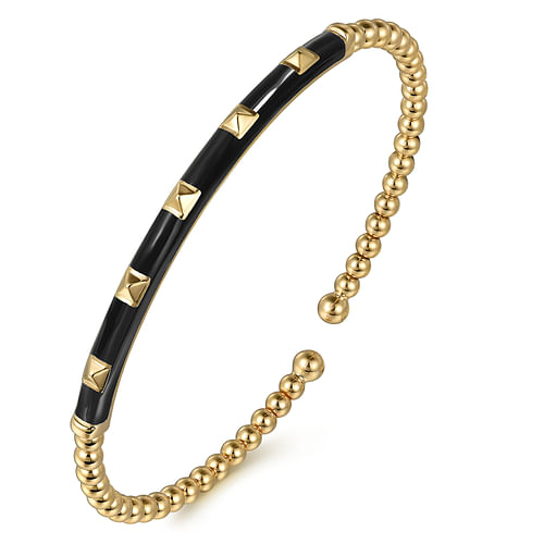 Pyramid Stud and Black Enamel Bujukan Bead Split Cuff Bracelet in Yellow Gold