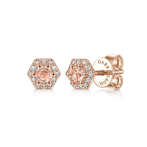 Hexagonal Peach Morganite and Diamond Halo Stud Earrings in Rose Gold