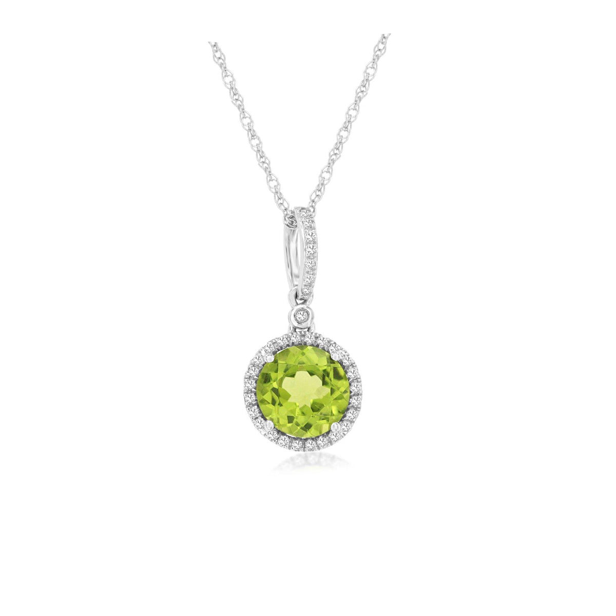 Round Peridot and Diamond Halo Pendant Necklace in White Gold