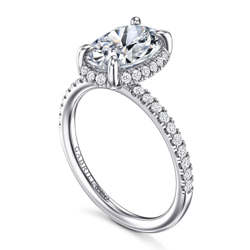Suede Oval Prong Set Hidden Halo Diamond Pave Engagement Ring Setting in White Gold, 0.30 cttw