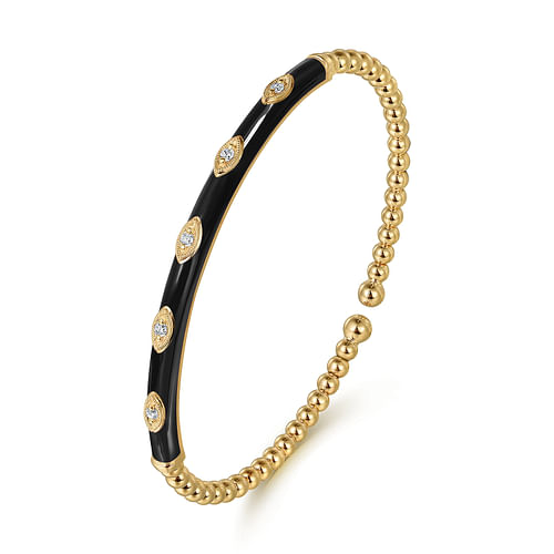 Black Enamel and Marquise Set Diamond Bujukan Bead Cuff Bracelet in Yellow Gold, 0.10 cttw