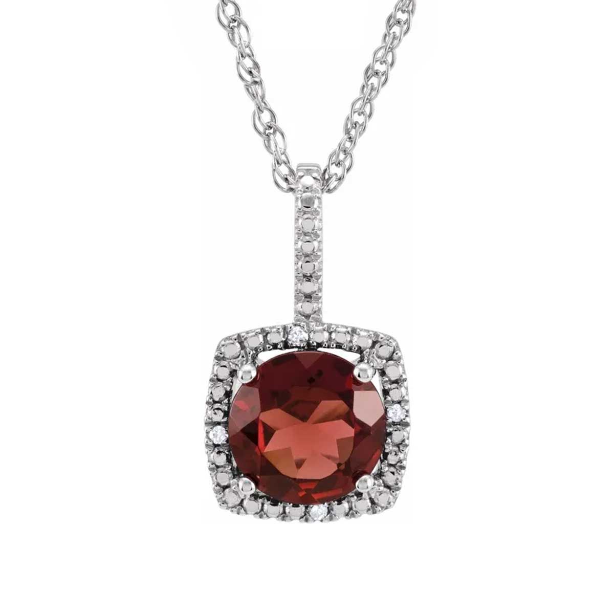 Natural Mozambique Garnet and Diamond Cushion Halo Birthstone Pendant Necklace in Sterling Silver