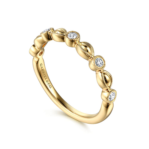 Diamond Milgrain Bezel and Marquise Shape Stackable Ring in Yellow Gold, 0.14 cttw