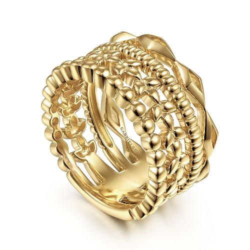 Wide Multi-Row Kite, Leaf and Beaded Ring Band in Yellow Gold