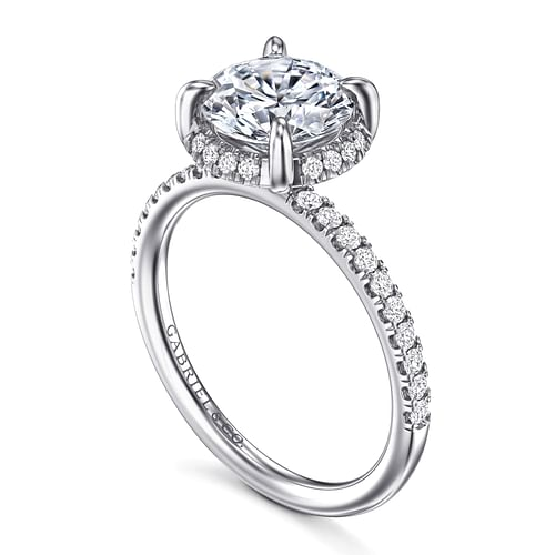 Suede Round Prong Set Hidden Halo Diamond Engagement Ring Setting in White Gold, 0.28 cttw