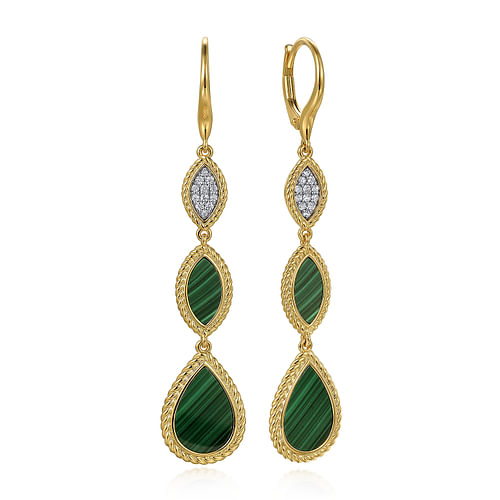 Green Malachite and Diamond Pave Rope Drop Earrings in Yellow Gold, 0.15 cttw