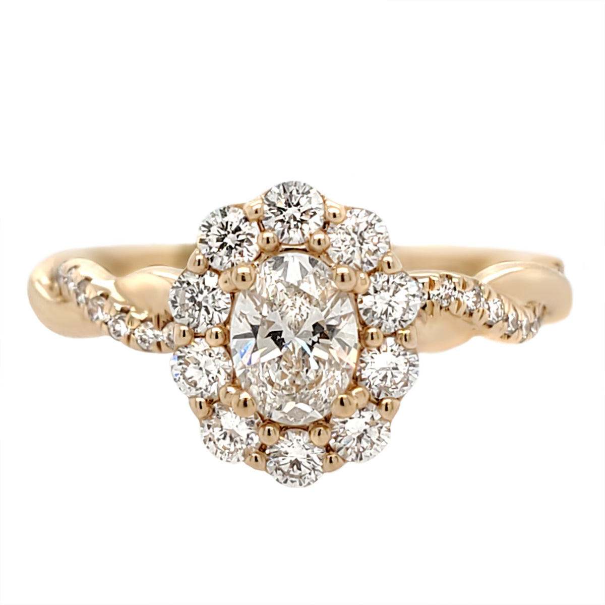 Oval Lab Created Diamond Halo Crossover Band Engagement Ring in Yellow Gold, 0.91 cttw