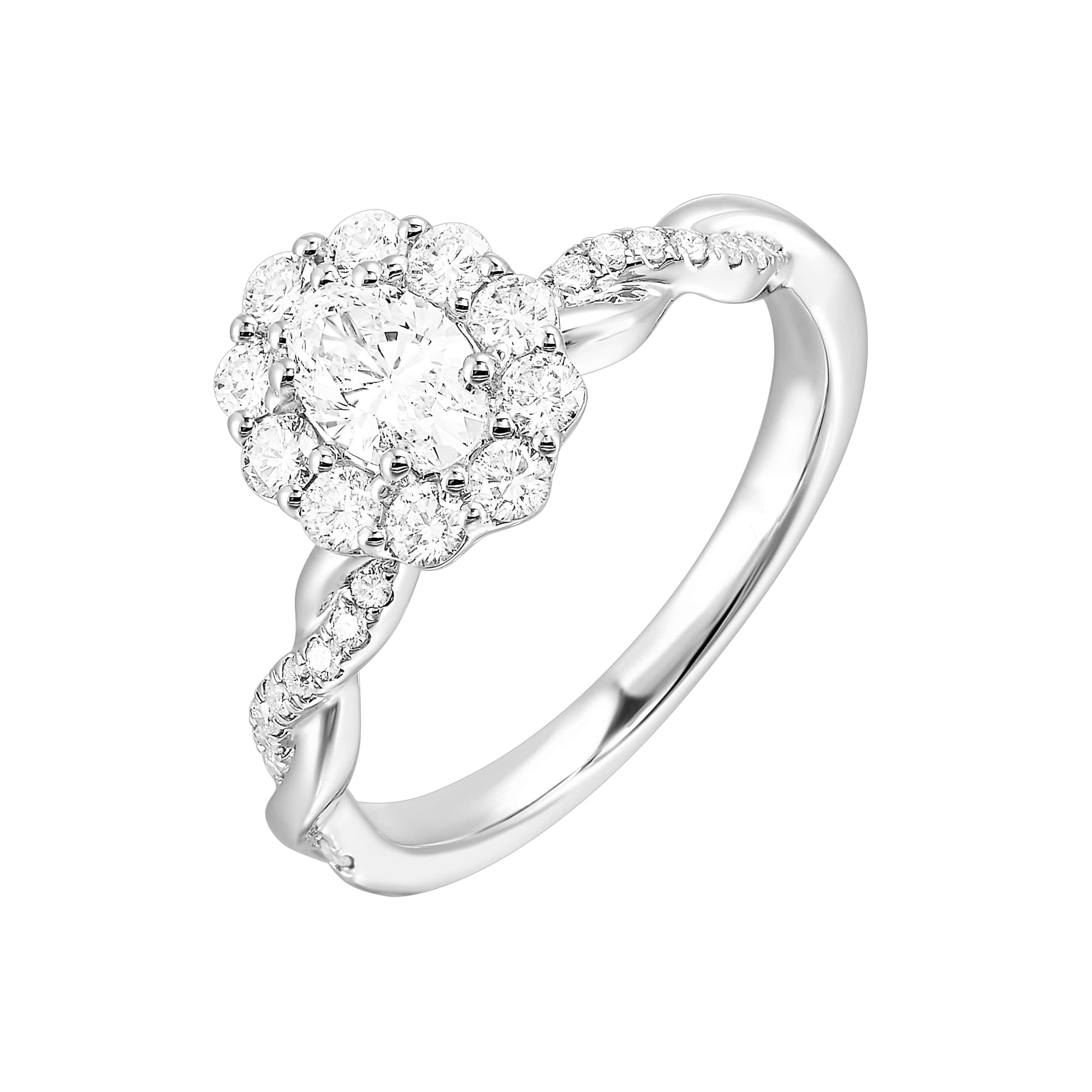 Oval Lab Created Diamond Halo Crossover Band Engagement Ring in White Gold, 0.94 cttw
