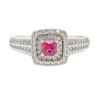 Princess Cut Double Diamond Halo Ruby Ring with Channel Set Diamond White Gold Band