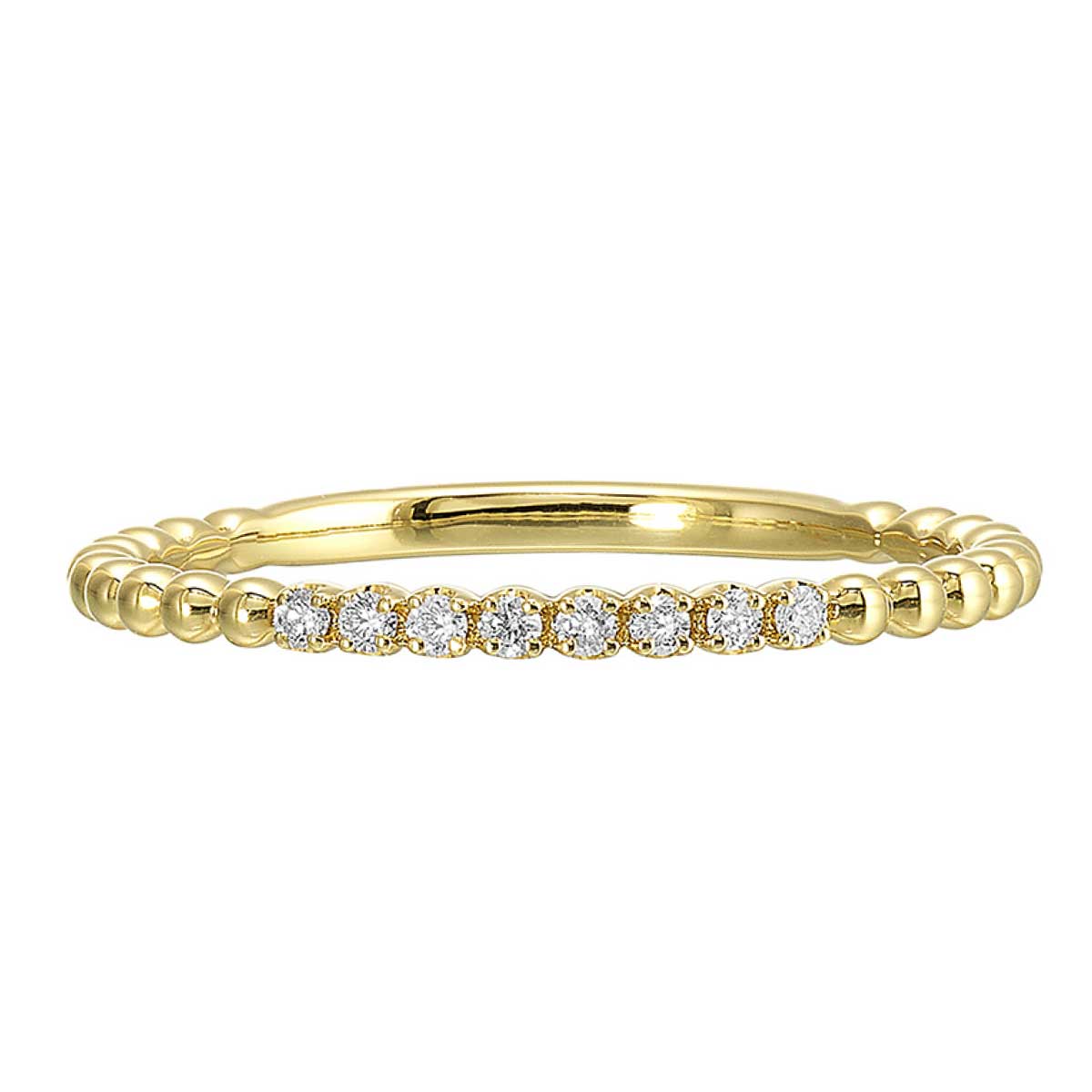 Thin Beaded Round Diamond Stackable Ring Band in Yellow Gold, 0.05 cttw