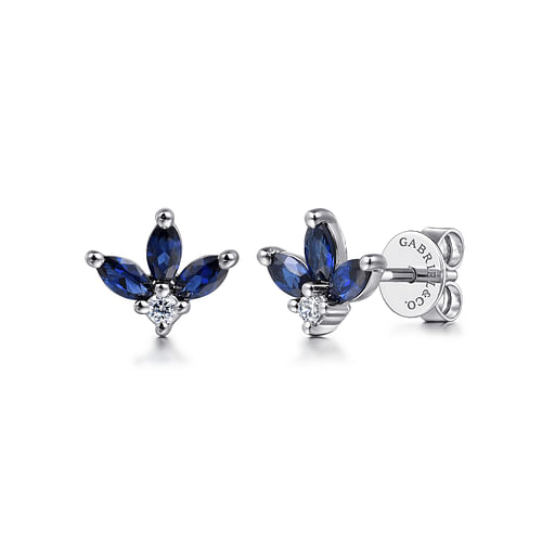 Floral Petal Marquise Blue Sapphire and Round Diamond Stud Earrings in White Gold