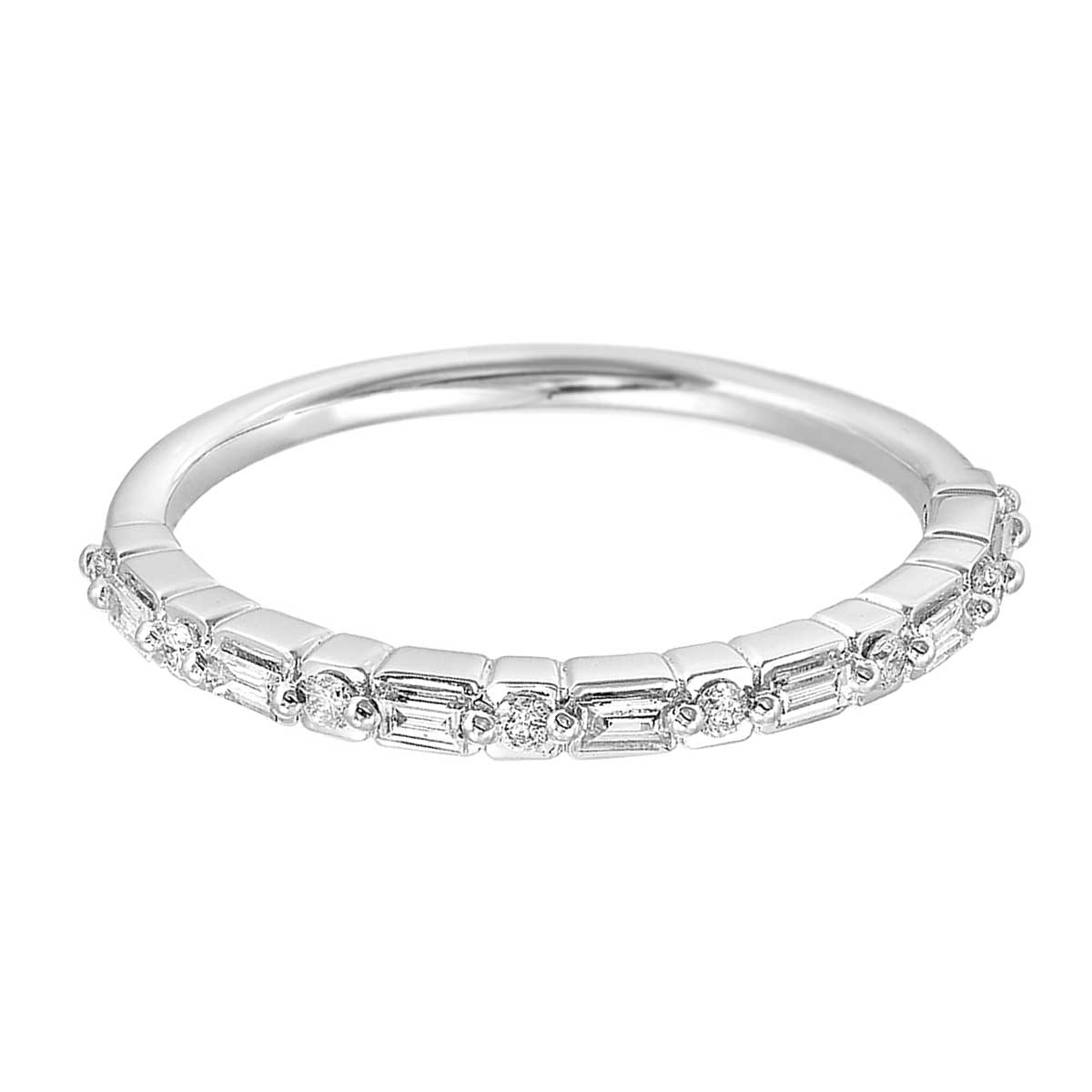 Thin Geometric Round and Baguette Diamond Stackable Ring Band in White Gold, 0.20 cttw