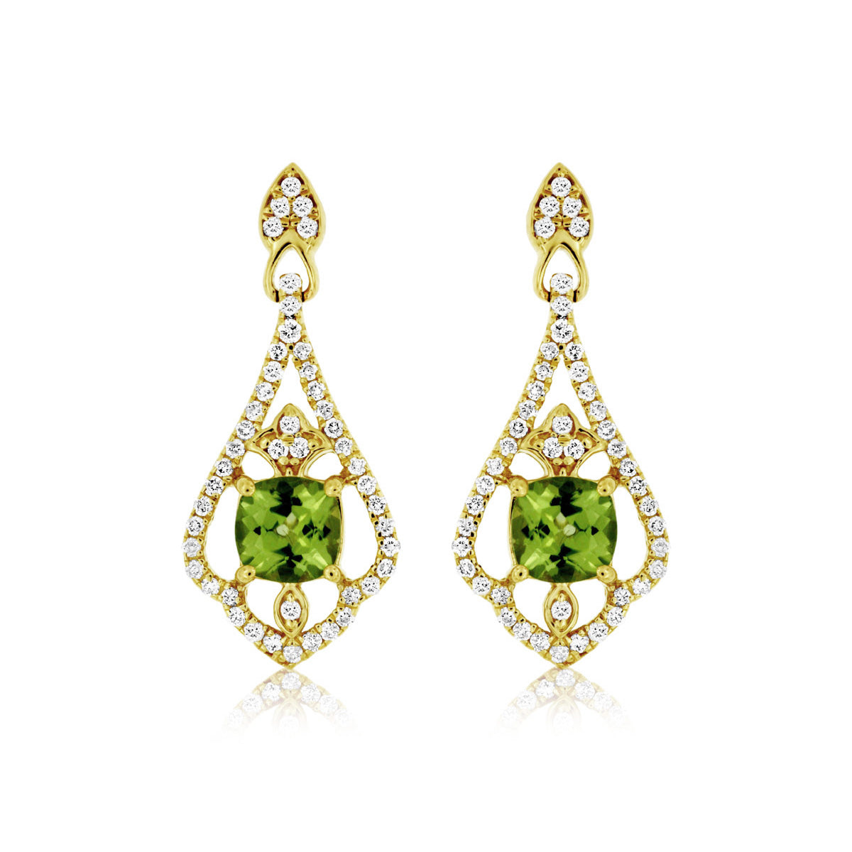 Vintage Inspired Cushion-Cut Green Peridot and Diamond Pave Dangle Drop Earrings in Yellow Gold