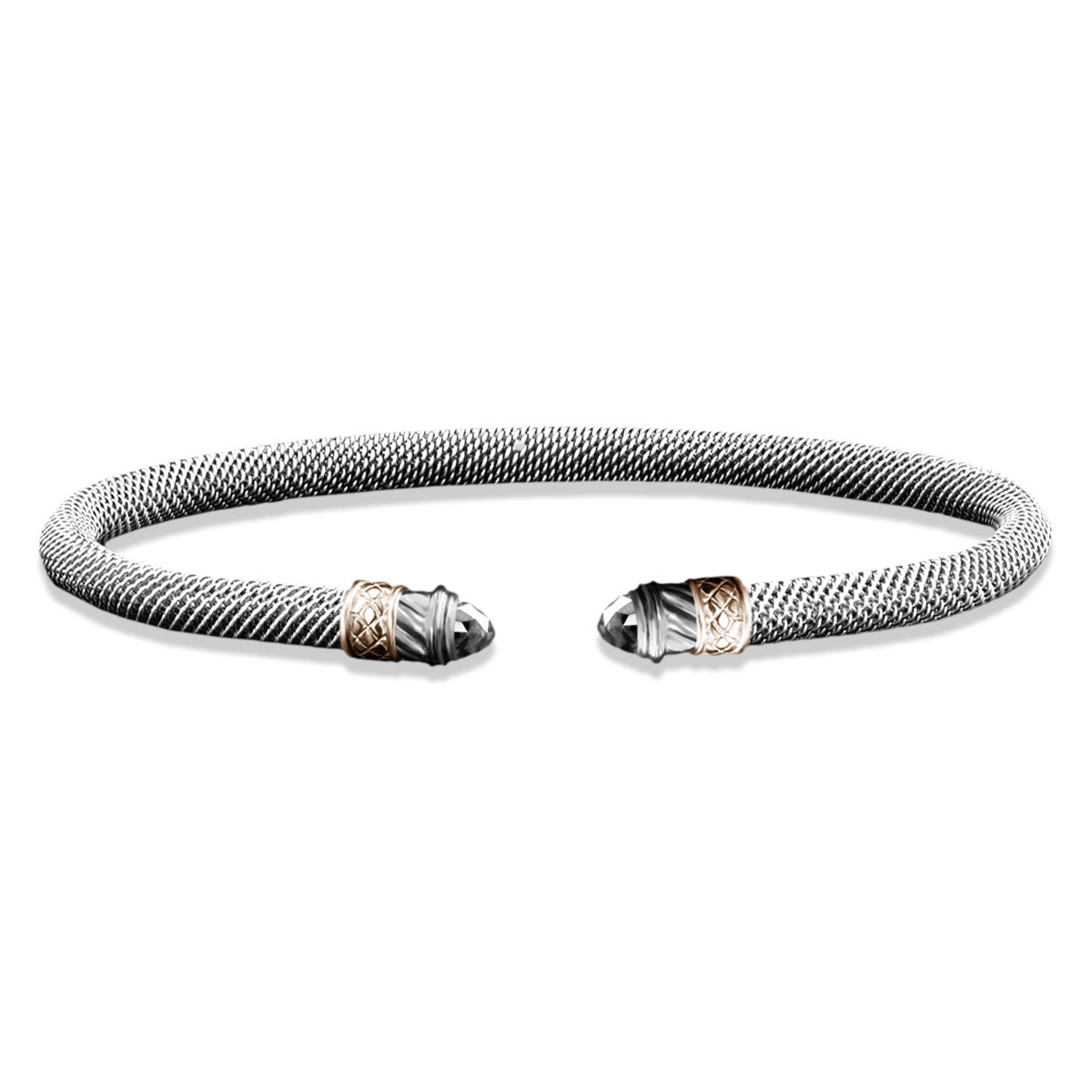 Milanese Mesh Two-Tone Cuff Bracelet with Round Cabochon White Topaz End Caps in Sterling Silver and Yellow Gold