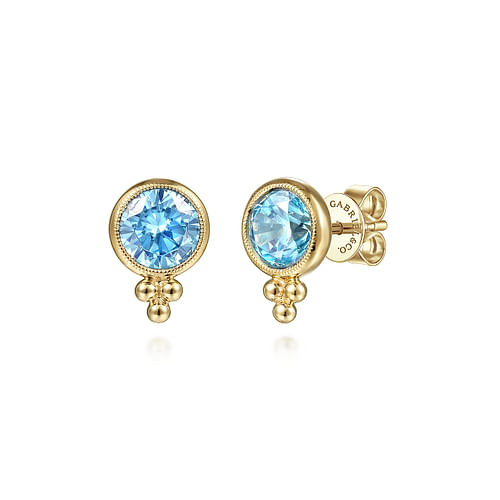 Round 6mm Swiss Blue Topaz Bujukan Beading Stud Earrings in Yellow Gold
