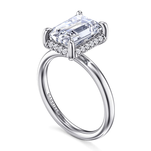Symphony Emerald Cut Hidden Halo Diamond Engagement Ring Setting in White Gold, 0.10 cttw