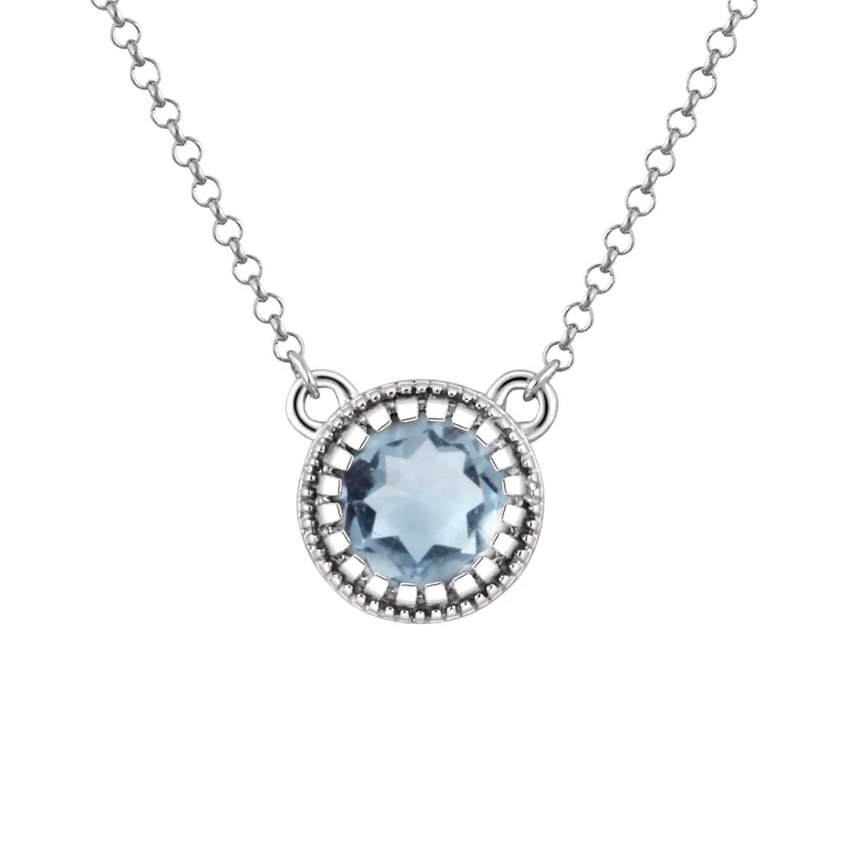 Round Aquamarine Birthstone Beaded Bezel Stationary Pendant Necklace in White Gold