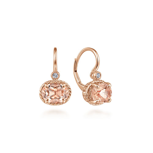 Oval Peach Morganite and Diamond Leverback Earrings in Rose Gold