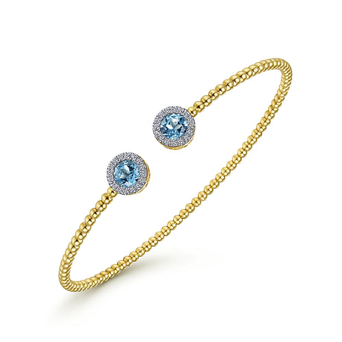 Round 5mm Blue Topaz and Diamond Halo Bujukan Bead Open Cuff Bracelet in Yellow Gold, 0.15 cttw