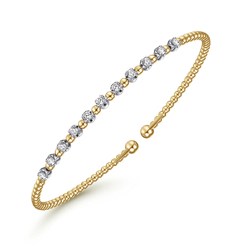 Diamond and Bujukan Bead Cuff Bracelet in Yellow and White Gold, 0.35 cttw