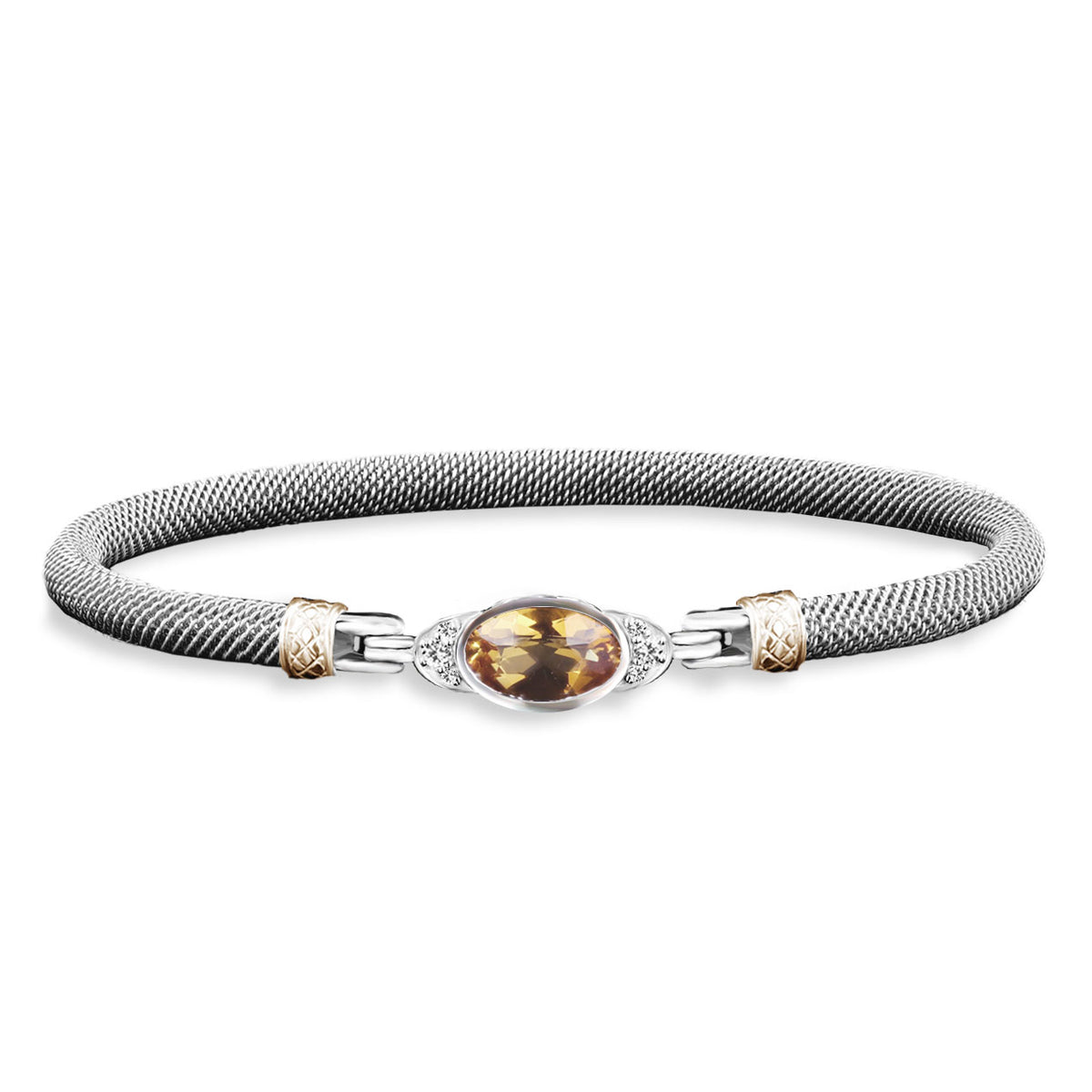 Milanese Mesh Bangle Bracelet with Oval Bezel Set Citrine and Lab-Grown Diamonds in Sterling Silver and Yellow Gold, 0.1 cttw