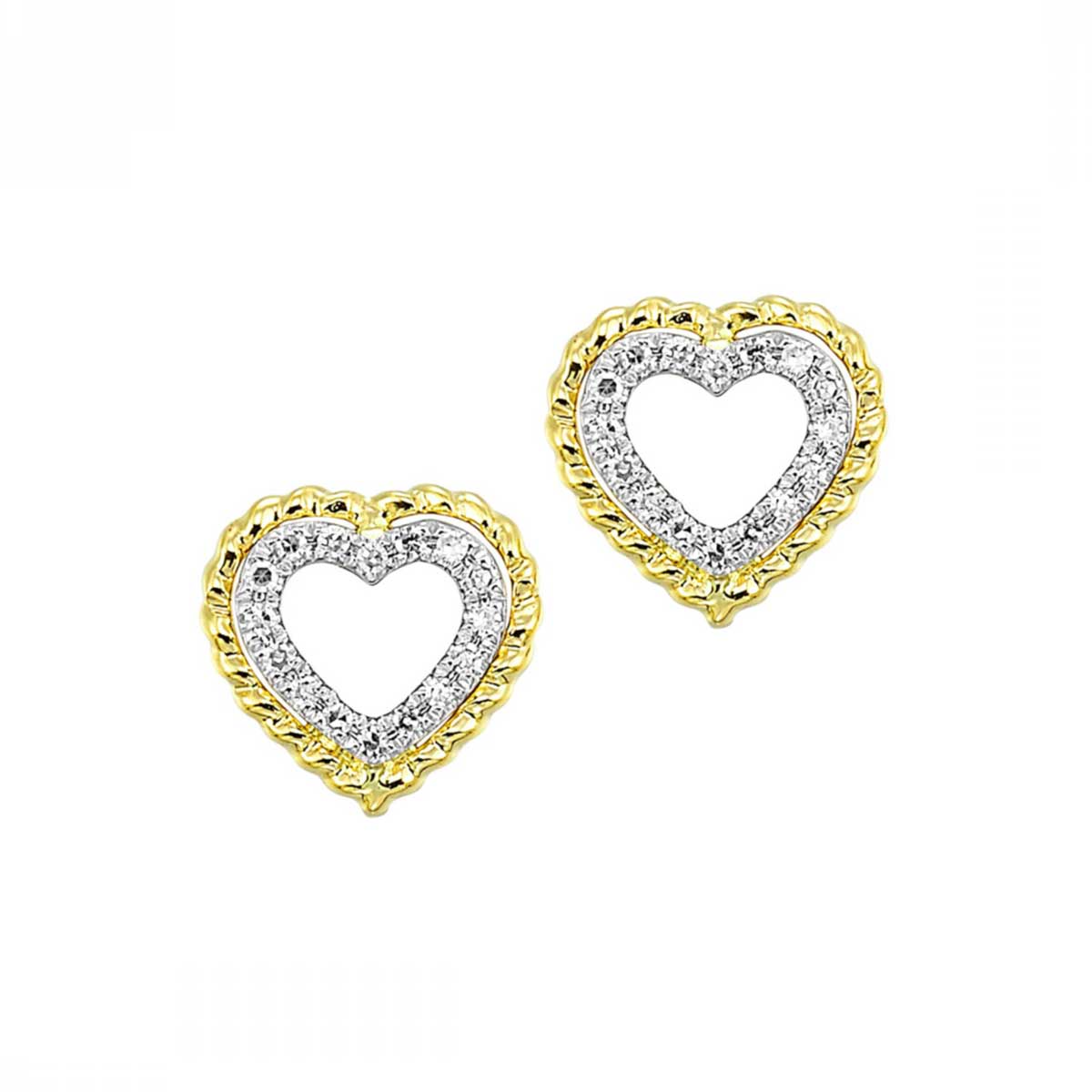 Double Heart Diamond and Rope Stud Earrings in Yellow Gold, 0.05 cttw