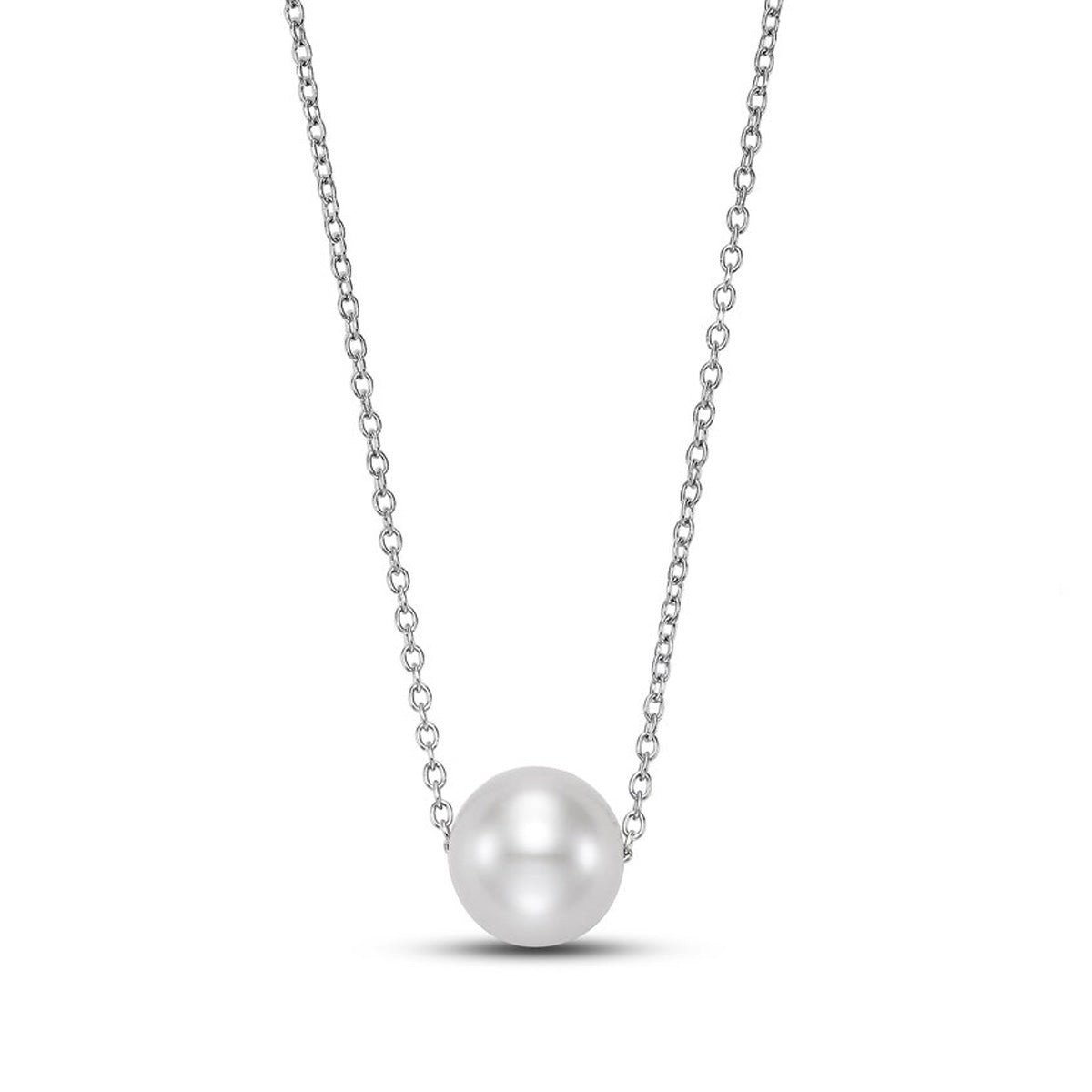 Floating White Freshwater Pearl Cable Link Chain Necklace in White Gold