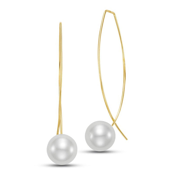 Freshwater Pearl Elongated Wire Hoop Earrings in Yellow Gold